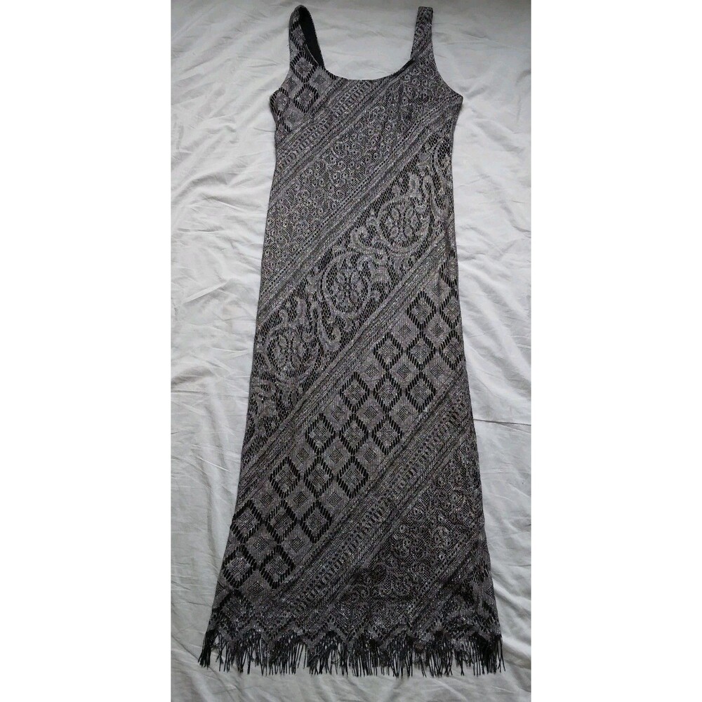Vintage S.L. Fashions Black Silver Flapper Gothic Maxi Dress Fringe Size 8